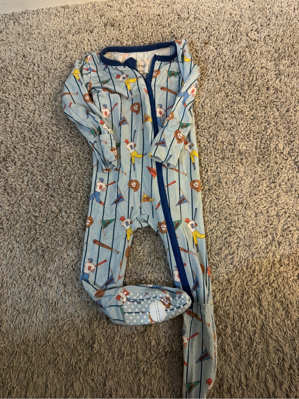 MACARON Light Blue Baseball & Pennant Footed One-Piece